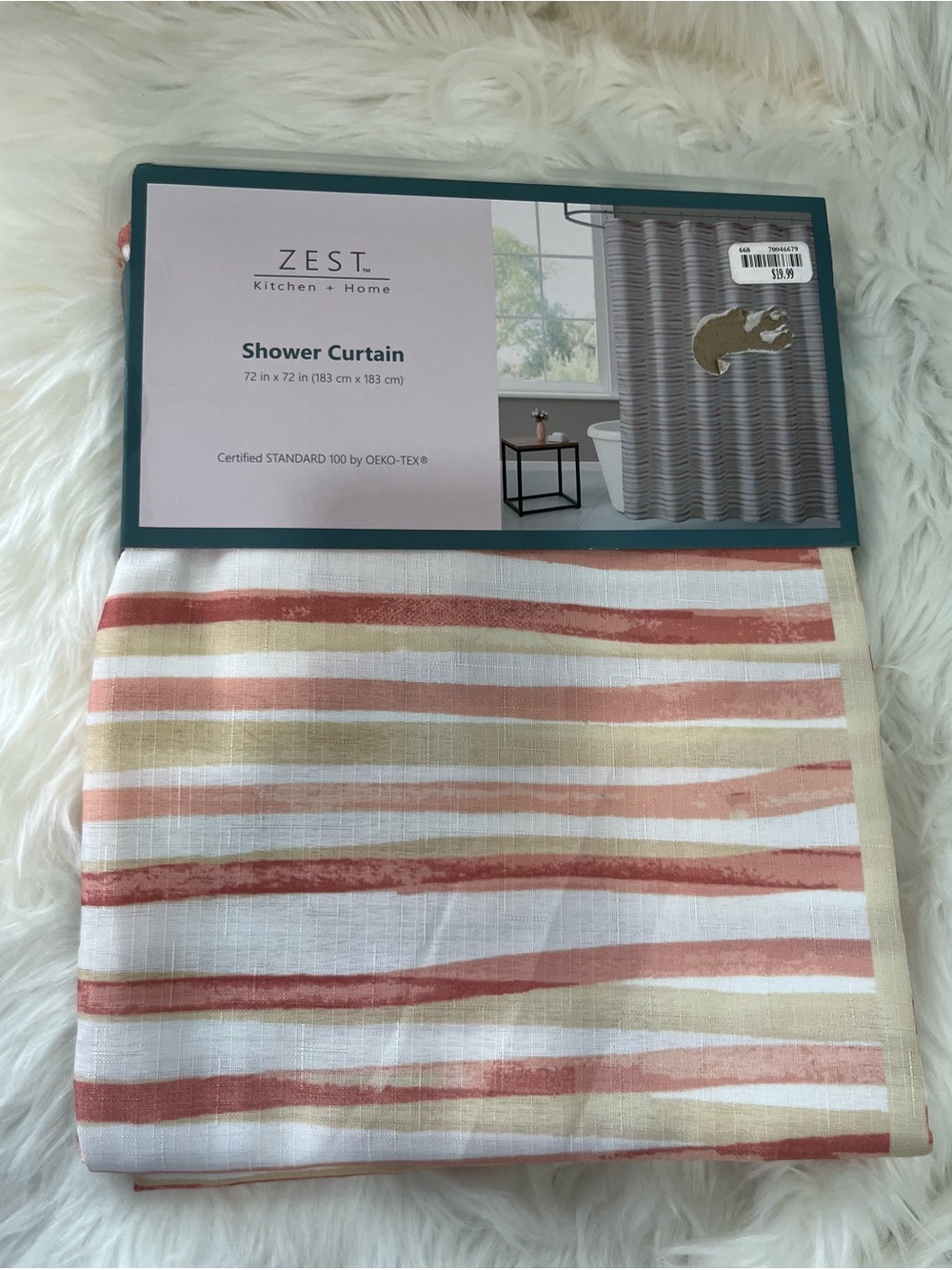 ZEST Kitchen + Home Striped Shower Curtain 72x72 Coral Beige White